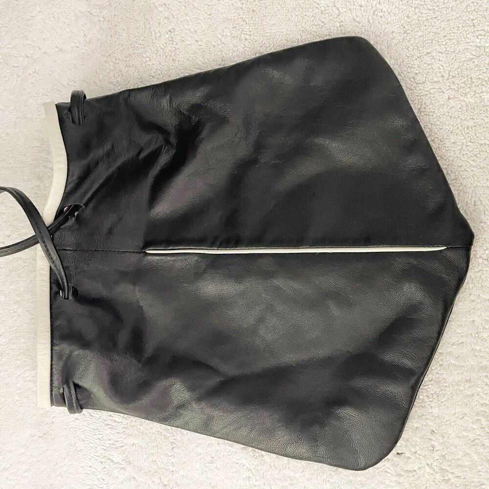 Vintage Black Leather Shoulder Bucket Drawstring Bag with White Trim Artsy 90s - Picture 7 of 9